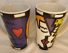 2x Pair Jerilynn Babroff Studios Signed Colorful Ceramic Mug Black Dots Kissing picture