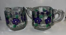 Mid Century Modern Vintage Glass Hand Painted Signed Floral Sugar & Creamer picture