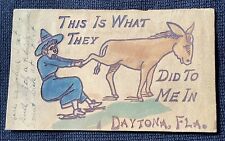 Vintage Leather Postcard Daytona Florida Woman Pulling Donkey 1906 picture