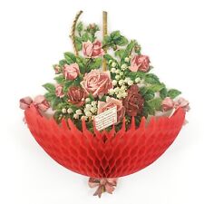 Victorian Rose Basket Honeycomb Valentine Card c1900 Antique Paper Flowers B444 picture