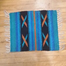 Zapotec Vintage Woven Stripes Small Rug Blue Black Southwestern Tassles picture