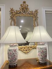 Pair of Moriage Hand-Painted Chinese Porcelain Lamps: Floral Bouquets w/Ribbons picture