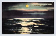 c1958 Linen Postcard Atlantic City NJ New Jersey Full Moon on Rolling Sea Night picture