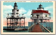 Vtg Galveston Texas TX South Jetty & Fort Point Light House 1920s View Postcard picture