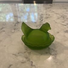 Miniature Vintage Green Satin Glass Hen Chicken on Nest ~  3.5