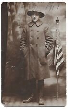 WW1 Solider, American Flag And Painted Backdrop, Antique RPPC Photo Postcard picture