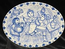 VTG Blue Hand Painted Russian Delft Plate - Signed Oval Platter picture