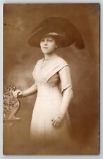 RPPC Beautiful Victorian Woman Fitted Dress Large Hat Real Photo Postcard I21 picture