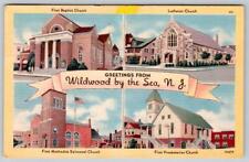 1952 GREETINGS FROM WILDWOOD BY THE SEA NJ 4 CHURCHES VINTAGE LINEN POSTCARD picture