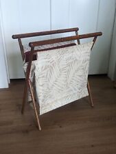 VINTAGE MCM Folding SEWING Knitting Cloth BASKET Leaves Wood & Fabric Storage picture
