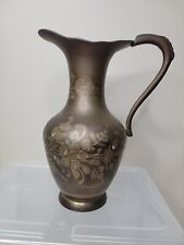 Vintage Solid Brass Pitcher Flowers Hand Made Painted Etched picture