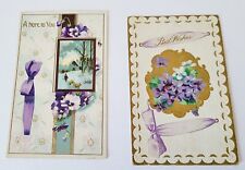 2 Antique Embossed Floral Greeting Postcards 1911  Violets and Pansies picture