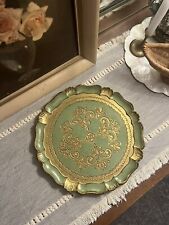 Vintage Antique Florentine Italy, Old World Tray, Italian Green Scalloped Edge picture