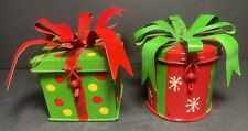 Red & Green Metal Hinged Gift Box Ornaments Square Round Ribbons Bows Trinket picture