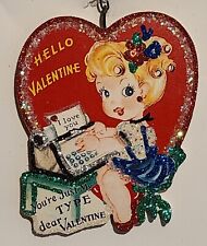 RED HEART, GIRL at TYPEWRITER, MY TYPE   -  Glitter VALENTINE ORNAMENT *  Vtg picture