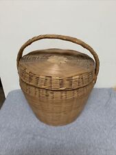 Vintage Large Round Woven Rattan Wicket Badket w/Lid & Handle picture