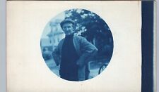 MAN IN HAT & SWEATER c1910 cyanotype real photo postcard rppc candid portrait picture
