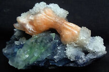 POINTED LIGHT GREEN APOPHYLLITE CRYSTALS W/ STILBITE BOWS ON CORAL CHALCEDONY MA picture