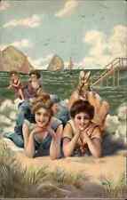 Bathing Beauty Beautiful Women on Beach Waves c1910 Vintage Postcard picture