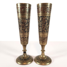 Pair of Vintage Etched Brass Bud Vases From India 7 in Red Black Inlay Decor picture