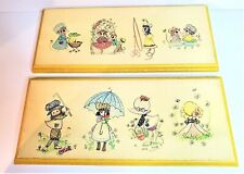Vintage Childrens Yellow Wooden Plaques of Little Girls Bonnets and Cute Mice picture