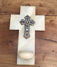 Antique Marble Holy Water Font Cross Cloisonné White French Wall 9” Onyx picture