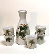Vintage Japanese Sake Set Bamboo Motif One Bottle Five Cups Hand Crafted MCM picture