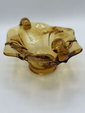 Vintage Hand Blown Amber Art Glass Bowl MCM Handles Flower picture