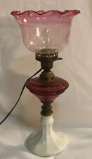 Antique Cranberry & Milk Glass Lamp Ruffled Etched Shade Electric picture