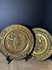 2 Vintage Brass Embossed Hanging Wall Plates - Made England-Pineapple-Grapes 15