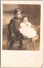 1908 Sibling Photograph Big Brother Ang Little Girl Rattan Chair Posted Postcard picture