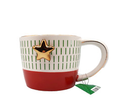 Sleigh Bell Bistro Red & Green Gold Star Christmas Coffee Cup Mug 3 .25 Inch Tal picture