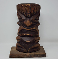 Wooden Hawaiian Tiki Totem Angry Frown Face on Stand Vintage 13