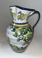 Vintage Deruta Pottery Large Pitcher Hand Painted Italy Deer & Trees 9.5” Tall picture