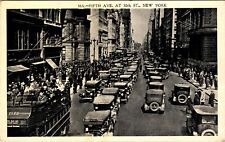 1930's New York City Fifth Ave 50th St Cars Double Decker Bus N.Y. VTG Postcard  picture