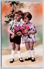 Vintage Colorful Tinted Postcard C1930 Two Lovely Girls Posing with Roses picture