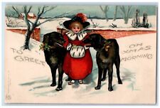 c1905 Christmas Girl Handwarmer Holly Labrador Dogs Winter Snow Antique Postcard picture