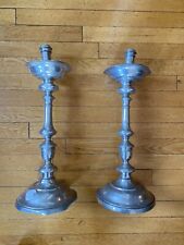 TALL DAMAGED Antique Continental Fecit VCM Pewter Candle Holders Candlesticks picture
