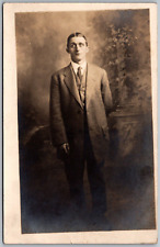 c1908 RPPC Real Photo Postcard Standing Man Suit Tie Vest picture