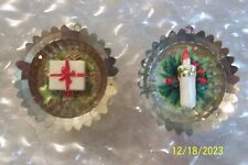 2 Vintage Jewel Brite Plastic Christmas Ornaments With Candle & Gift picture