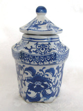 Chinese Blue & White Porcelain Hexagon 7” Tall Canister Jar picture