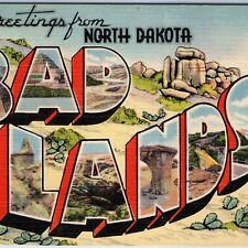 c1940s North Dakota Badlands Greetings Large Bubble Letters Art Linen ND PC A219 picture