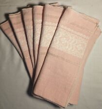 Set Of 6 Vintage Linen Pink & Gold Cloth Napkins W/ White Embroidered Design picture