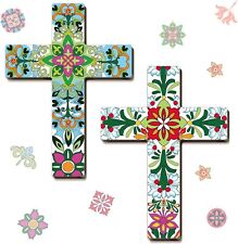 Pinkunn 2 Pcs Floral Cross Wall Decor Mexican Hand Painted Retro  picture