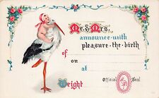 Victorian Baby Birth Stork Announcement Card Girl Boy Child Vtg Postcard S1 picture