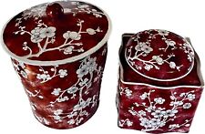 Lot Of 2 Vintage 50s Daher Made In England Red Cherry Blossom Coffee & Tea Tins picture