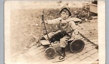 LITTLE BOY RIDING SCOOTER real photo postcard rppc toy teddy bear go-cart bike picture