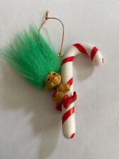 Vintage Russ Troll on Candy Cane Christmas Ornament, Green Hair picture