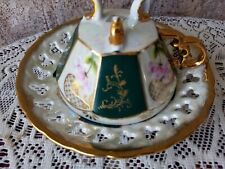 Vintage Del Coronado Footed Teacup With Saucer, Iridescent  Green Nasco Japan picture