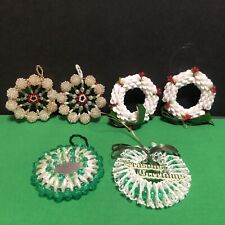 6 Vtg Beaded Bead Wreath Plastic Ornaments Lot Handmade Holiday Tree Decoration picture